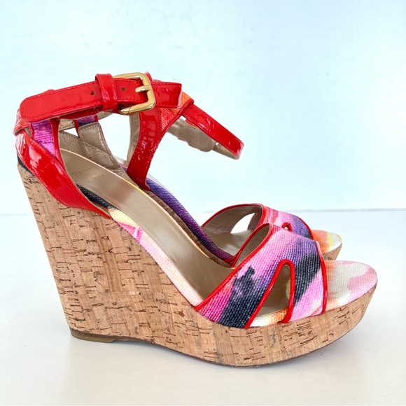 STUART WEITZMAN Orange Patent Leather w Multicolor Canvas Wedge Sandals Sz 9 M - Picture 2 of 11